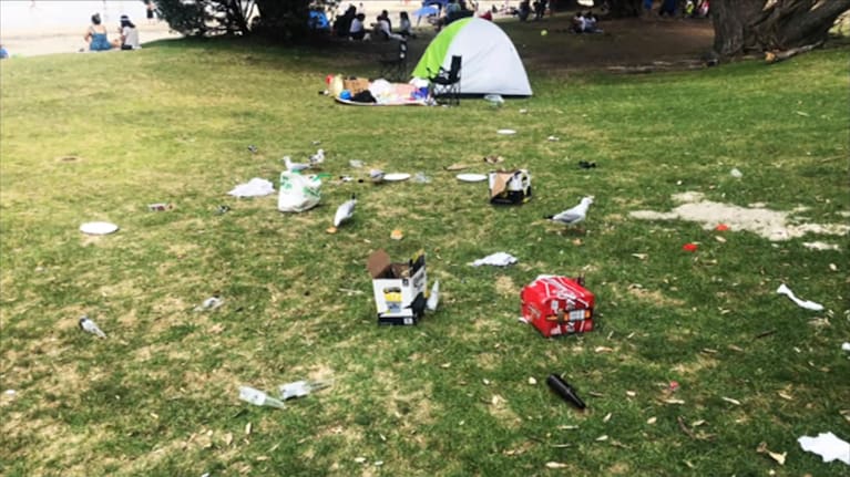 The Doran family left a mess of rubbish and dumped alcohol bottles on Auckland's Takapuna Beach in 2019.