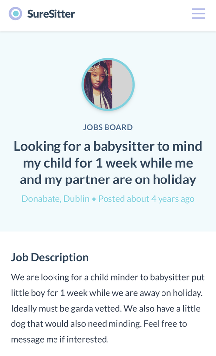 Maria Aruebose’s post said she and her partner were going on holiday and needed someone to look after their son