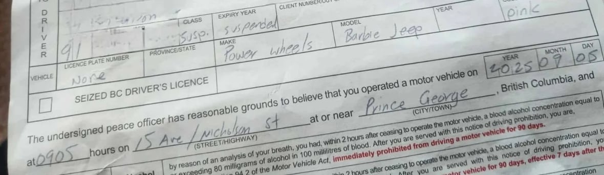 A partial driving ticket that reads, in part, "Licence: None, Make: Power wheels, Model: Barbie Jeep, colour, pink."