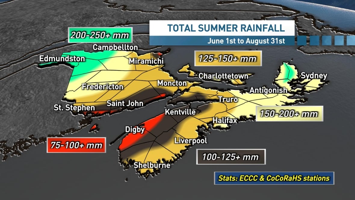 Rainfall totals were near and less than 100 mm for northwestern NS and southern New Brunswick, especially near the mouth of the Bay of Fundy. 