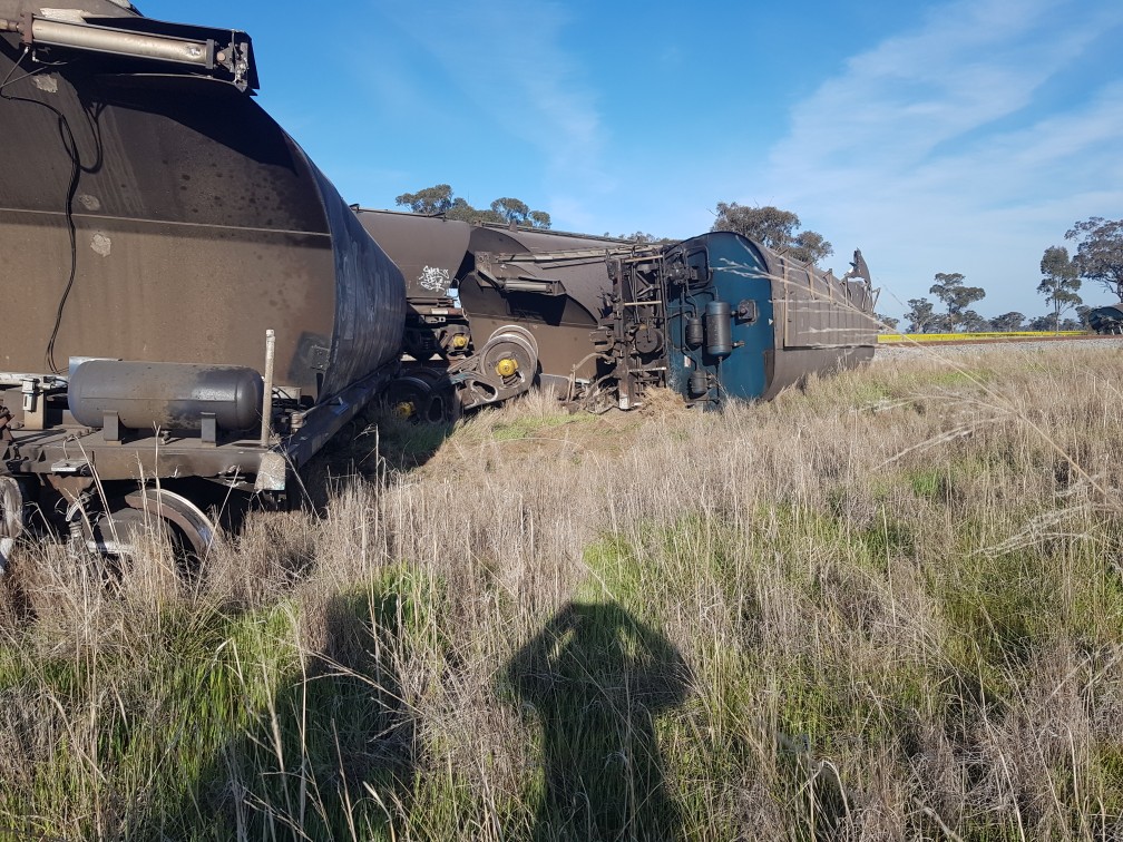 The scene of the train crash early this morning (26 September) on Mary Gilmore Way near Bribbaree. 