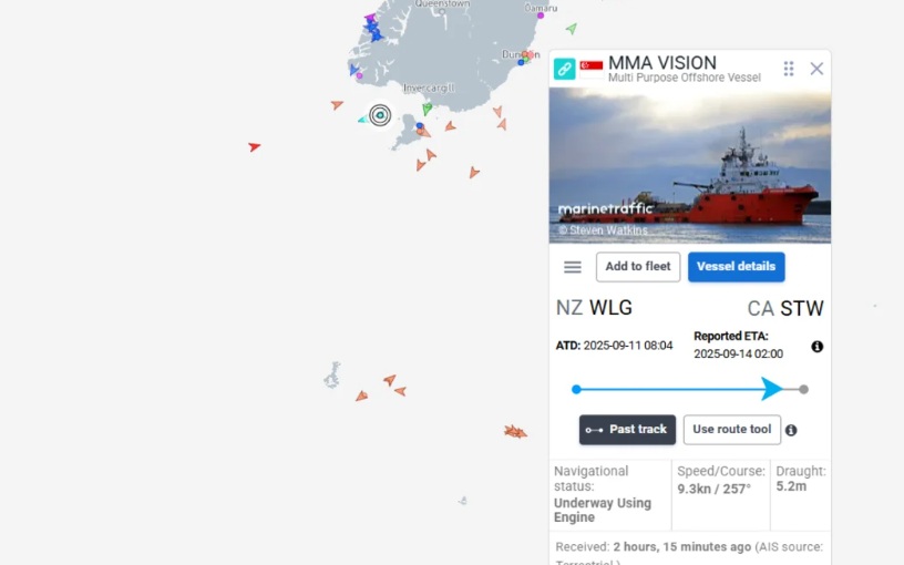 MMA Vision (marked in blue) set off from Wellington on Thursday and was expected to reach the...