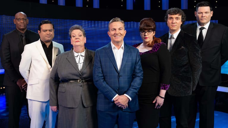 Chase host Bradley Walsh and the Chasers (l-r) - Shaun Wallace the Dark Destroyer, Paul Sinha The Sinnerman, Anne Hegerty The Governess, Jenny Ryan The Vixen, Darragh Ennis the Menace, and Mark Labbett The Beast.