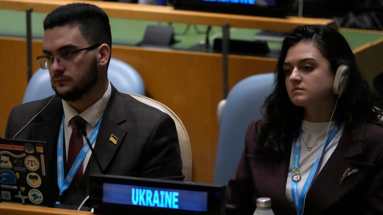 Delegates from Ukraine listen as Russia's Minister of Foreign Affairs Sergey Lavrov addresses the 80th session of the United Nations General Assembly, Saturday, Sept. 27, 2025