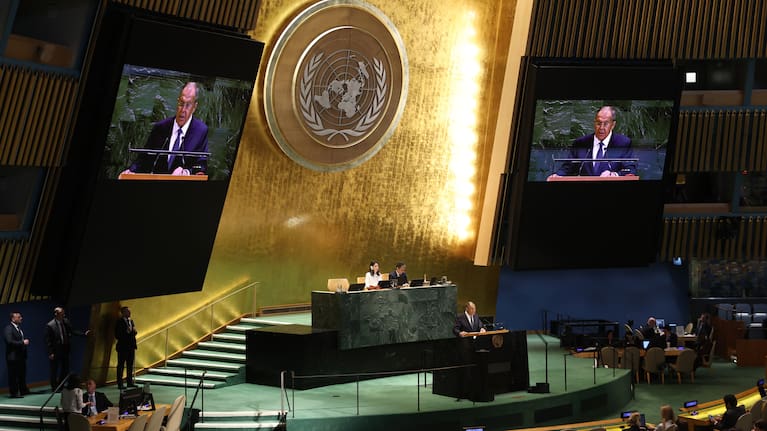 Minister for Foreign Affairs of Russia Sergey Lavrov addresses the 80th session of the United Nations General Assembly, Saturday, Sept. 27, 2025
