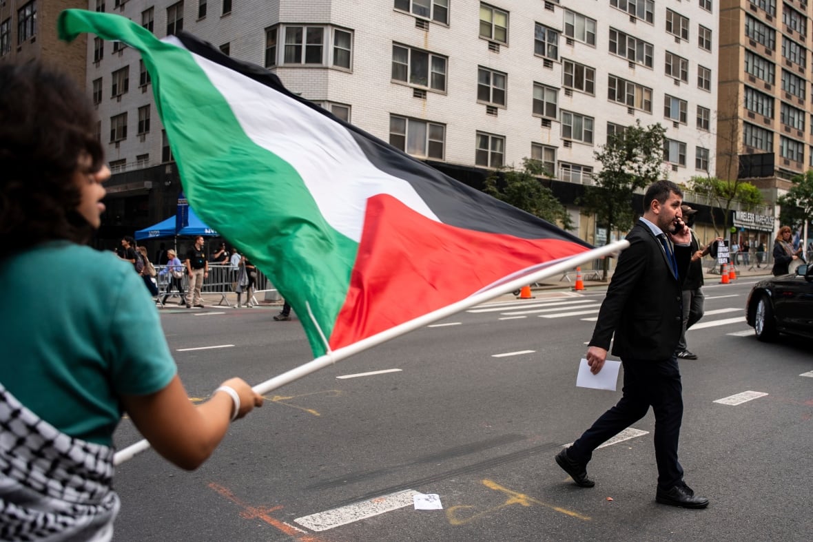 A woman with dark hair waves a flag on a busy city street as a man in a suit walks holding a cellphone to his ear.
