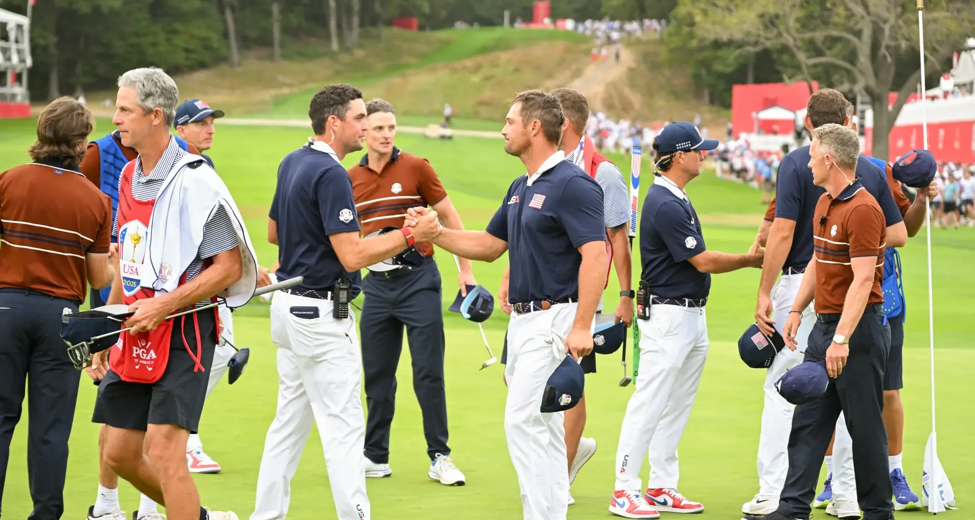 Jon Rahm of Team Europe hits his shot on the seventh hole during the singles match play of the Ryder Cup at Bethpage Black Golf Course on Sunday, September 28, 2025 in Farmingdale, New York. (Photo by Charles Laberge/LIV Golf)