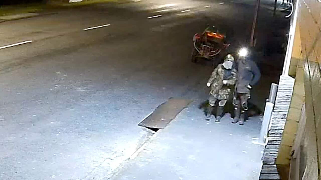 A frame grab taken from CCTV footage shows a man standing with a young child, both of whose faces are covered.