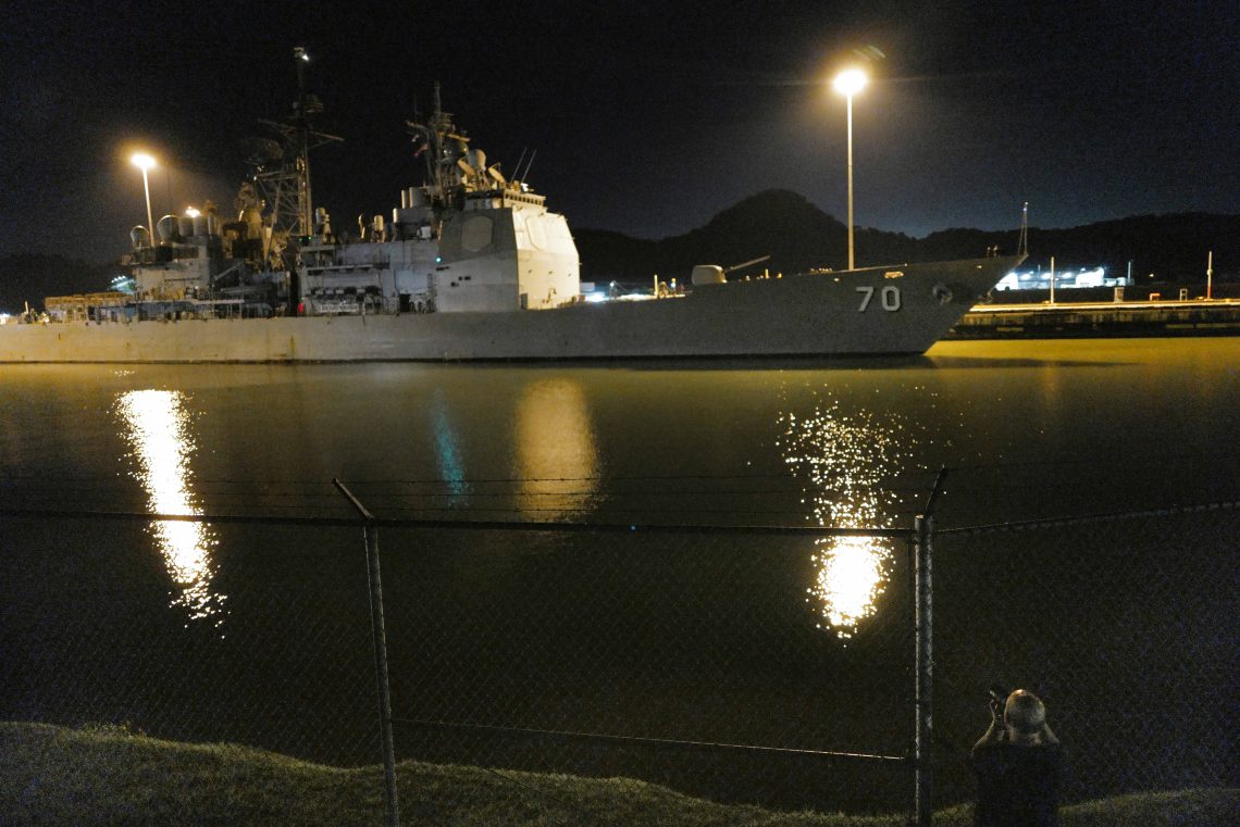 The U.S. Navy’s USS Lake Erie, Ticonderoga-class guided missile cruiser, sails through the locks at the Panama Canal on Aug. 29, 2025, as part of the deployment of American warships, aircraft and troops to the southern Caribbean.