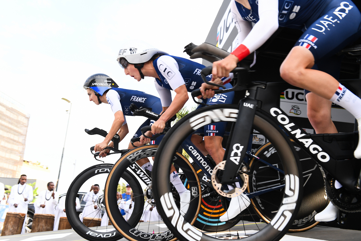 Picture by Simon Wilkinson/SWpix.com - 24/09/2025 - Cycling - 2025 UCI Road World Championships - Kigali Convention Centre, Kigali, Rwanda - Team Time Trial Mixed Relay - Bruno Armirail (France), Paul Seixas (France), Pavel Sivakov (France)