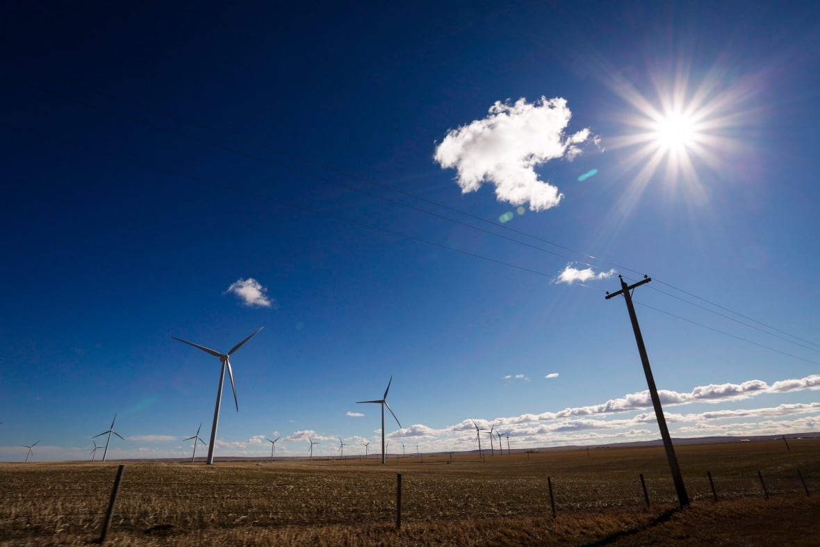 A wind turbine farm on a sunny day