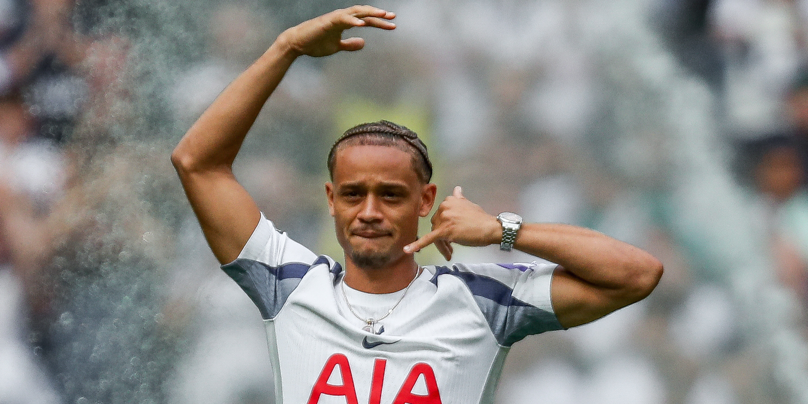 Xavi Simons being introduced to the Tottenham Hotspur supporters after signing