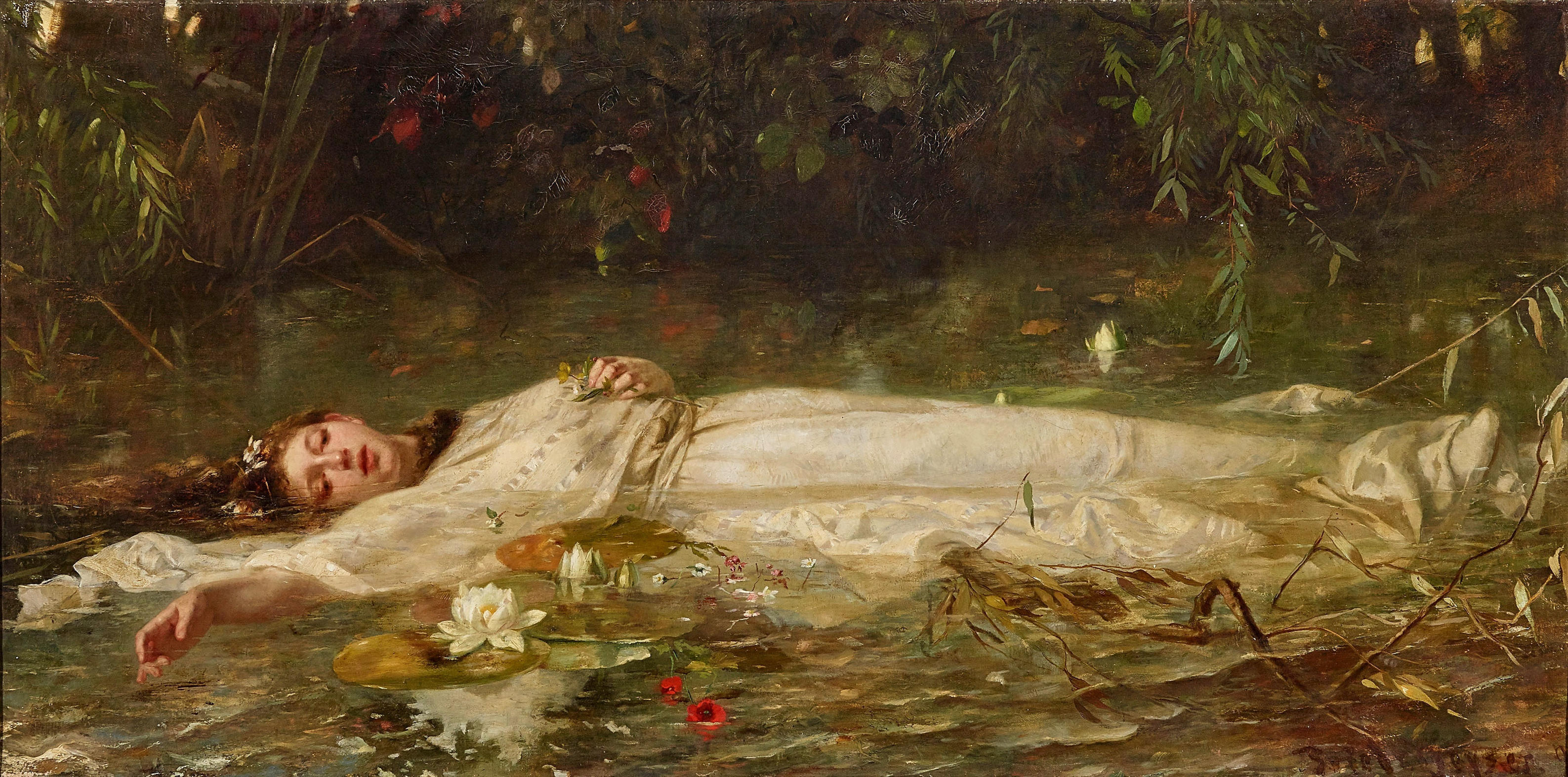 An illustration of Ophelia floating in the water.