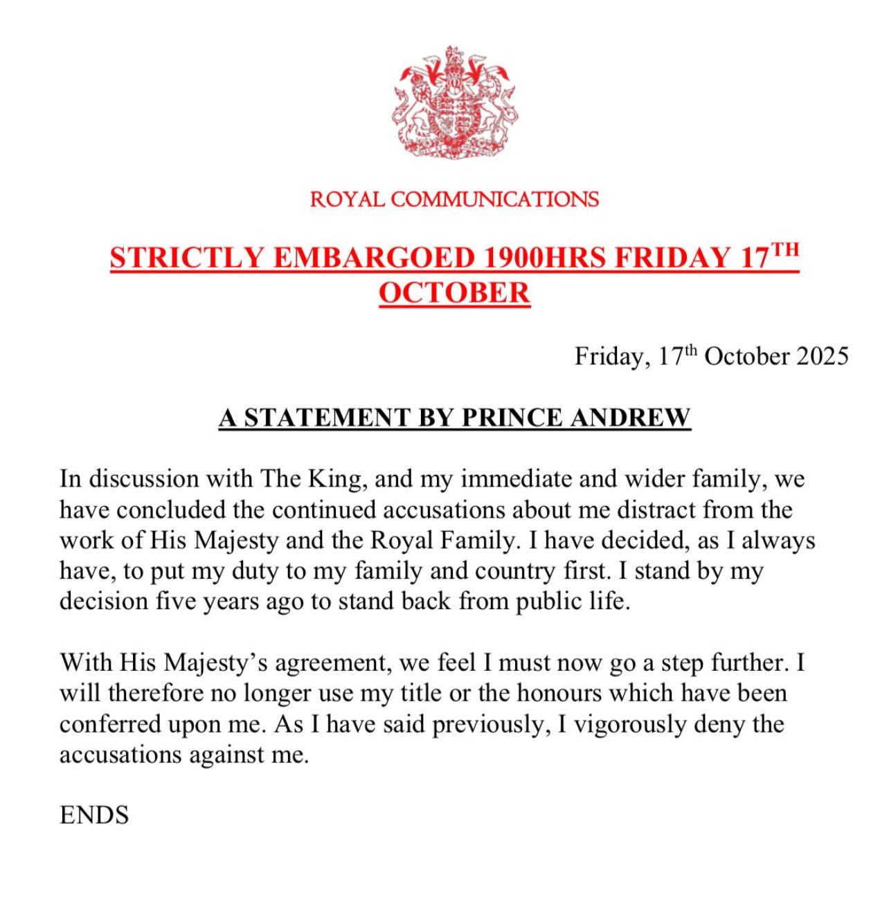 Statement by Prince Andrew, dated October 17th, 2025, announcing he will no longer use his title or honors.