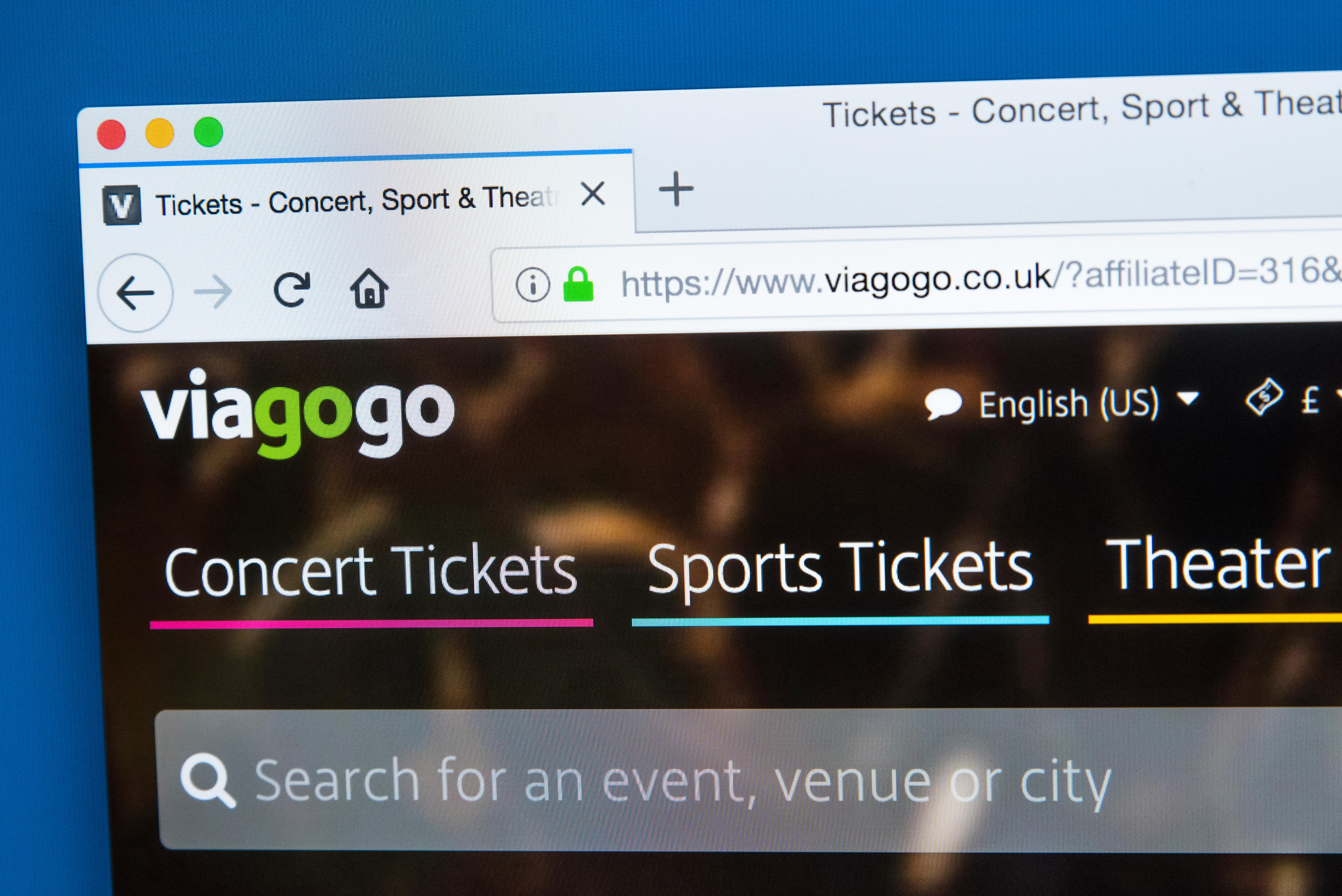 The homepage of the Viagogo ticket resale website.