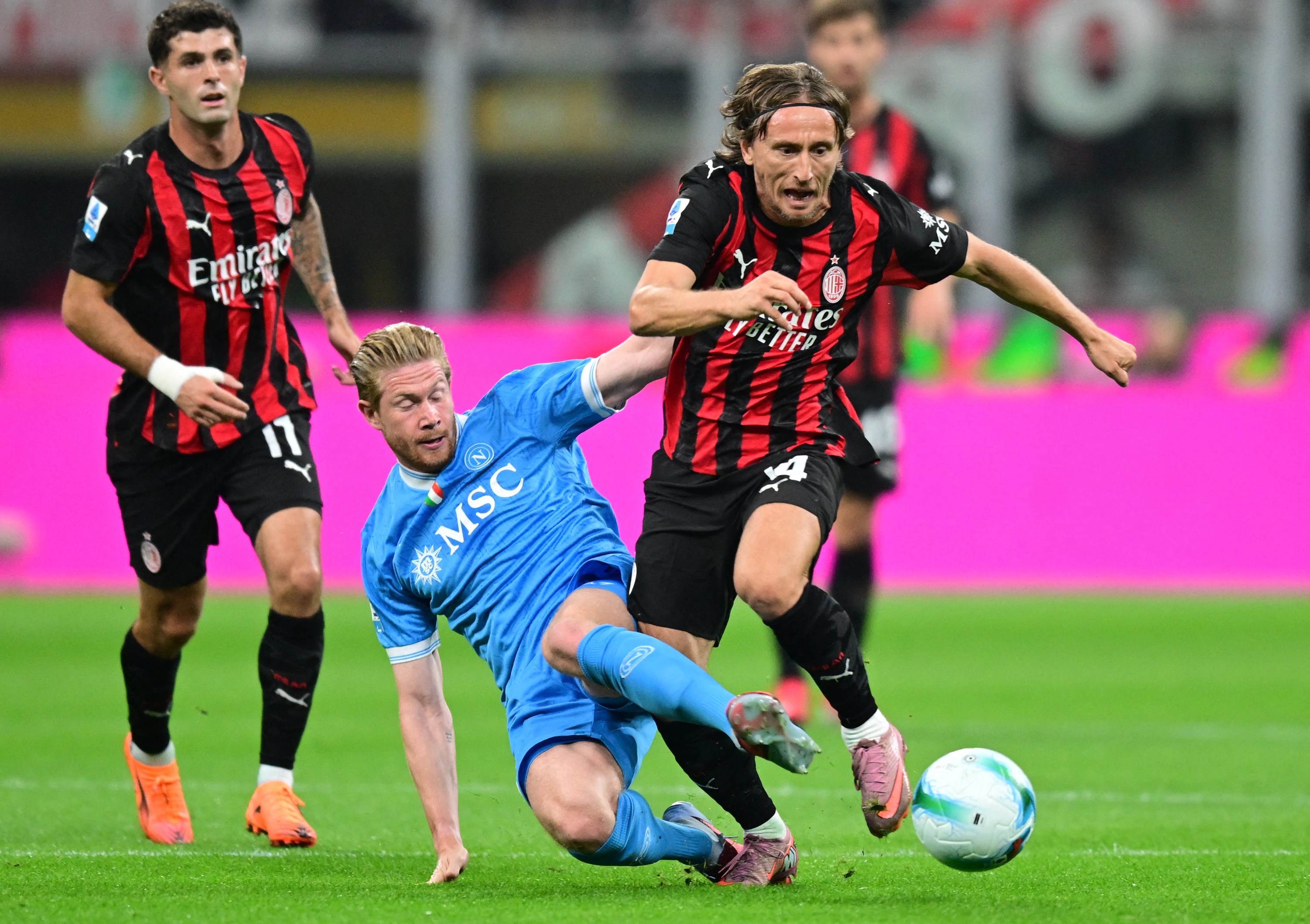 AC Milan's Luka Modric in action with Napoli's Kevin De Bruyne.
