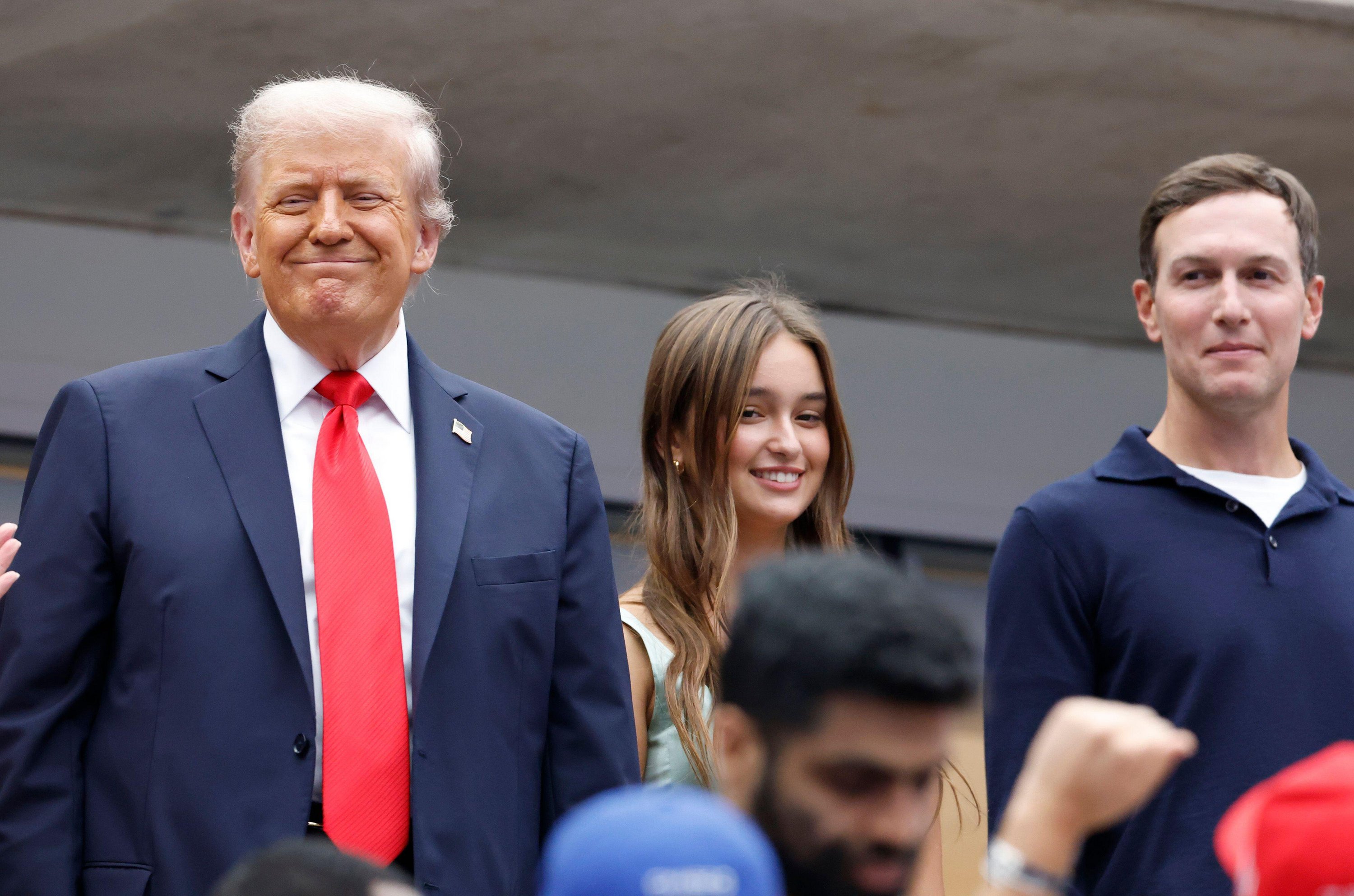 Flushing Meadows, United States. 07th Sep, 2025. President Donald Trump (L), his granddaughter Arabella Kushner (C), and son-in-law Jared Kushner prepare to watch Jannik Sinner of Italy play Carlos Alcaraz of Spain in the Men's Finals of the 2025 US