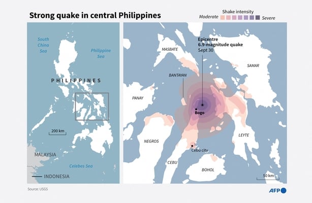 An infographic shows the location of the Phillippines earthquake on a map
