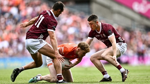Dublin , Ireland - 28 July 2024; Conor Turbitt of Armagh in action against John Maher, left, and Johnny Heaney of Galway during the GAA Football All-Ireland Senior Championship Final match between Armagh and Galway at Croke Park in Dublin. (Photo By Piaras Ó Mídheach/Sportsfile via Getty Images)