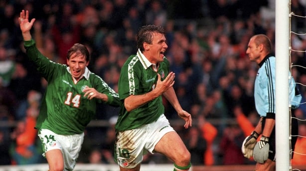 10 November 1997; Tony Cascarino of Republic of Ireland celebrates his equalising goal with David Kelly, 14, during the FIFA World Cup 1998 Group 8 Qualifier match between Republic of Ireland and Romania at Lansdowne Road in Dublin. Photo by David Maher/Sportsfile