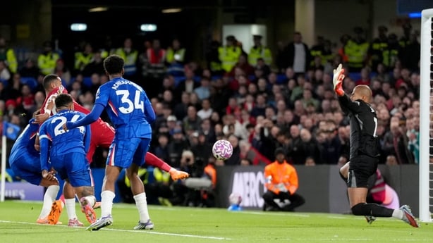 Liverpool's Cody Gakpo (second left) scores against Chelsea, Premier League, October 2025