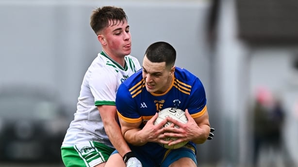 5 October 2025; Sean Murphy of Carnew Emmetts in action against James Fleming of Baltinglass during the Wicklow County Senior Club Football Championship final match between Baltinglass and Carnew Emmets at Echelon Park, Aughrim. Photo by Tyler Miller/Sportsfile