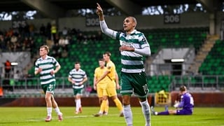5 October 2025; Graham Burke of Shamrock Rovers celebrates after scoring his side's first goal during the Sports Direct Men’s FAI Cup semi-final match between Shamrock Rovers and Kerry FC at Tallaght Stadium in Dublin. Photo by Seb Daly/Sportsfile