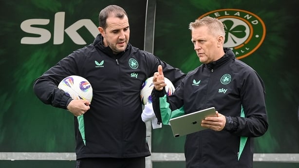 7 October 2025; Head coach Heimir Hallgrimsson, right, and assistant head coach John O'Shea during a Republic of Ireland training session at the FAI National Training Centre in Abbotstown, Dublin. Photo by Stephen McCarthy/Sportsfile