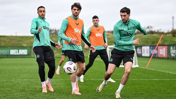 7 October 2025; Republic of Ireland players, from left, Adam Idah, Troy Parrott, John Egan and Finn Azaz, during a Republic of Ireland training session at the FAI National Training Centre in Abbotstown, Dublin. Photo by Stephen McCarthy/Sportsfile