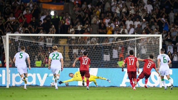 9 September 2025; Eduard Spertsyan of Armenia, 8, scores his side's first goal from a penalty past Republic of Ireland goalkeeper Caoimhin Kelleher during the FIFA World Cup 2026 Group F qualifying match between Armenia and Republic of Ireland at Vazgen Sargsyan Republican Stadium in Yerevan, Armeni