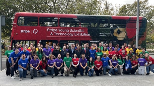 Bus promoting Young Scientist Exhibition outside the new Stripe building