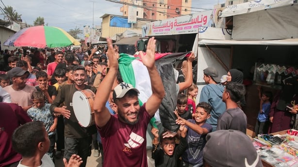 Palestinians celebrate in Al-Mawasi, Rafah