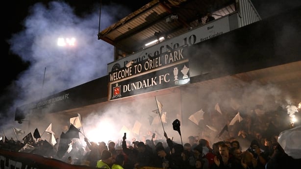 10 October 2025; Dundalk supporters before the SSE Airtricity Men's First Division match between Dundalk and Finn Harps at Oriel Park in Dundalk, Louth. Photo by Ben McShane/Sportsfile
