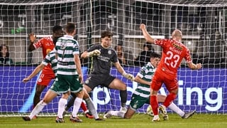 10 October 2025; Kerr McInroy, 23, of Shelbourne scores his side's first goal during the SSE Airtricity Men's Premier Division match between Shamrock Rovers and Shelbourne at Tallaght Stadium in Dublin. Photo by Seb Daly/Sportsfile