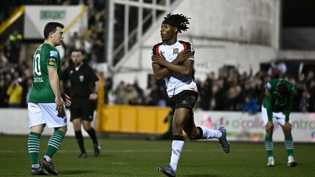 10 October 2025; Gbemi Arubi of Dundalk celebrates after scoring his side's first goal during the SSE Airtricity Men's First Division match between Dundalk and Finn Harps at Oriel Park in Dundalk, Louth. Photo by Ben McShane/Sportsfile