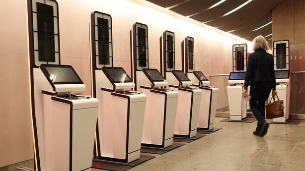 The EES kiosks where passengers can check in, are pictured at St Pancras in London