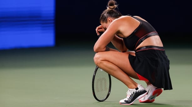 WUHAN, CHINA - OCTOBER 11: Aryna Sabalenka reacts against Jessica Pegula of the United States in the Women's Singles Semifinal match during day eight of the 2025 Wuhan Open at Optics Valley International Tennis Center on October 11, 2025 in Wuhan, China. (Photo by Wang He/Getty Images)