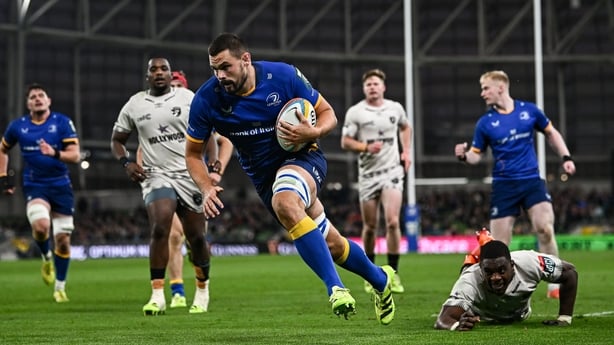 11 October 2025; Max Deegan of Leinster scores his side's fourth try during the United Rugby Championship match between Leinster and Hollywoodbets Sharks at the Aviva Stadium in Dublin. Photo by Seb Daly/Sportsfile