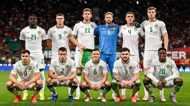 The Republic of Ireland team, back row, from left, Festy Ebosele, Evan Ferguson, captain Nathan Collins, goalkeeper Caoimhin Kelleher, Dara O'Shea and Jake O'Brien, with front row, from left, Jayson Molumby, Seamus Coleman, Josh Cullen, Ryan Manning and Chiedozie Ogbene before the FIFA World Cup 202