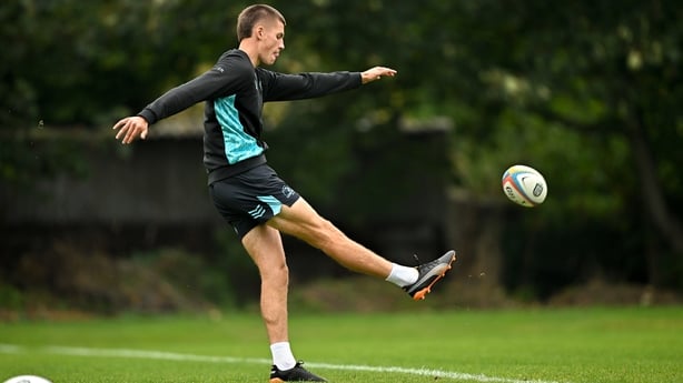 13 October 2025; Sam Prendergast during a Leinster Rugby squad training session at Rosemount in UCD, Dublin. Photo by Sam Barnes/Sportsfile