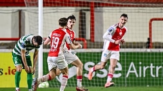 Simon Power of St Patrick's Athletic, centre after scoring against Shamrock Rovers, Premier Division, October 2025