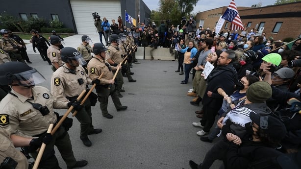 BROADVIEW, ILLINOIS - OCTOBER 17: Police interact with demonstrators near the 