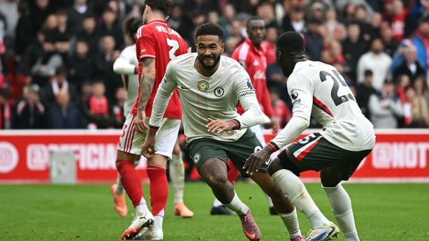 Reece James wheels away after scoring Chelsea's third goal at the City Ground