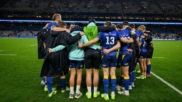 18 October 2025; Leinster players huddle after the United Rugby Championship match between Leinster and Munster at Croke Park in Dublin. Photo by Brendan Moran/Sportsfile