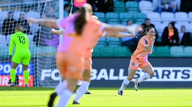 19 October 2025; Alannah McEvoy of Bohemians celebrates after scoring her side's first goal during the 2025 Sports Direct Women's FAI Cup Final match between Athlone Town and Bohemians at Tallaght Stadium in Dublin. Photo by Stephen McCarthy/Sportsfile