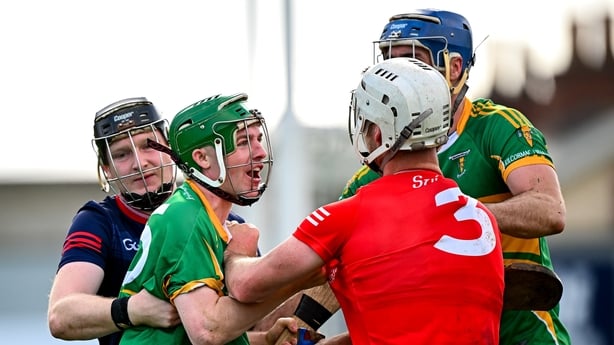 19 October 2025; Adam Screeney of Kilcormac-Killoughey tussles with Michael Cleary of Shinrone during the Offaly County Senior Club Hurling Championship final match between Kilcormac-Killoughey and Shinrone at Glenisk O'Connor Park in Tullamore, Offaly. Photo by Seb Daly/Sportsfile