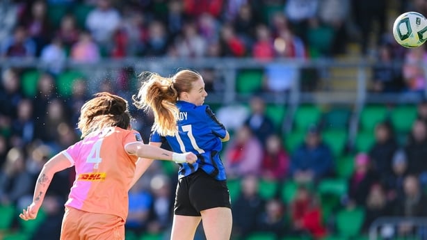 Kelly Brady of Athlone Town heads her side's first goal during the 2025 Sports Direct Women's FAI Cup Final match between Athlone Town and Bohemians at Tallaght Stadium in Dublin. 