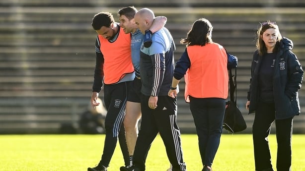 19 October 2025; Lee Keegan of Westport is helped off after sustaining an injury during the Mayo County Senior Club Football Championship final match between Ballina Stephenites and Westport at Hastings Insurance MacHale Park in Castlebar, Mayo. Photo by David Fitzgerald/Sportsfile