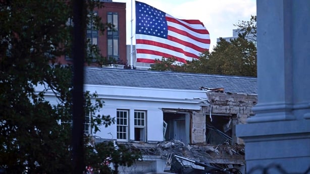 Demolition of the facade of the East Wing of the White House is shown as works are under way to build a ballroom 