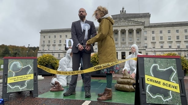 A demonstration by Friends of the Earth at Parliament Buildings in Northern Ireland over the environmental crisis at Lough Neagh